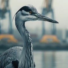 Majestic great blue heron standing in a still gray toned pond or lake its elegant form and long sharp beak silhouetted against the somber minimalist backdrop of the water and sky  This tranquil