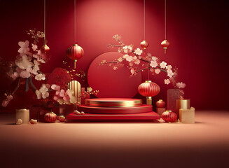 Wall Mural - Elegant red and gold podium adorned with blossoming branches, lanterns, and candles.  A festive scene perfect for celebration and display.