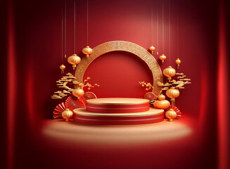 Wall Mural - Red and gold festive scene with a circular archway, tiered podium, and hanging lanterns.  Traditional Asian design elements create a celebratory atmosphere.