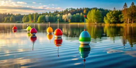 Wall Mural - Colorful fishing floats floating on a serene lake , fishing, floats, colorful, vibrant, water, reflection, peaceful