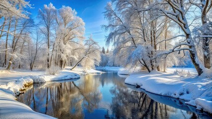 Wall Mural - Snow-covered forest with bare trees, a frozen river, and a blanket of white snow , winter, landscape, forest, trees, snow, frozen