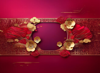 Canvas Print - Elegant gold and red floral design,  paper cut style,  Chinese-inspired,  festive, celebratory, ornate frame.