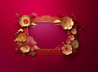 Wall Mural - Elegant crimson backdrop features a golden ornate frame adorned with paper flowers and auspicious clouds, perfect for celebratory announcements.