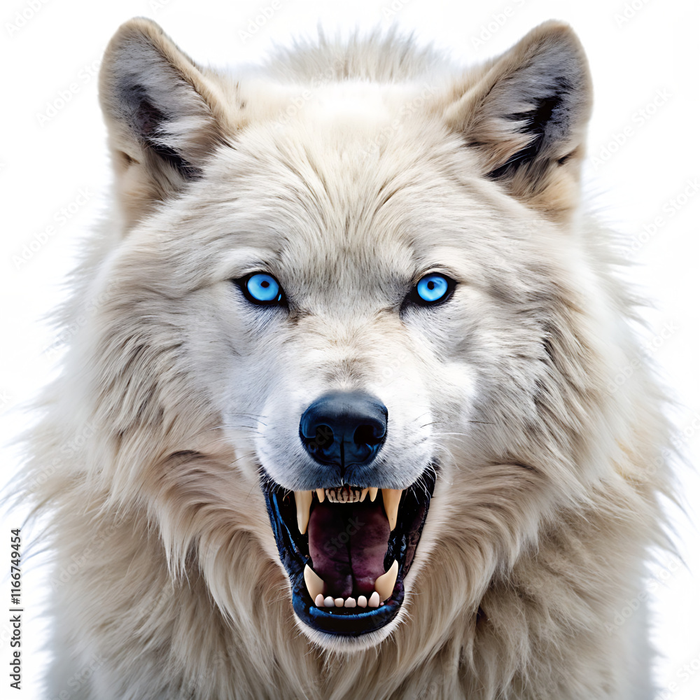 White wolf with blue eyes growling isolated on white background as ...