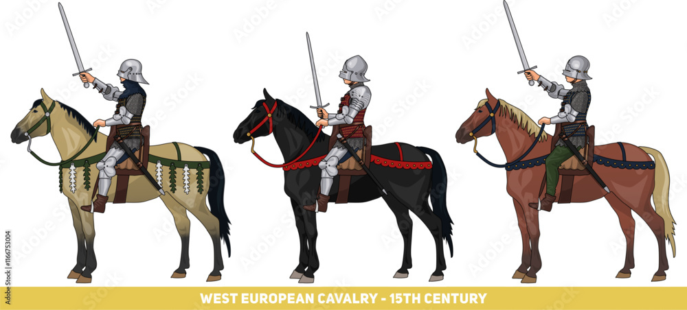 Medieval Post Rider Set of Three Late Medieval European Riders on Horseback in Armour and ...