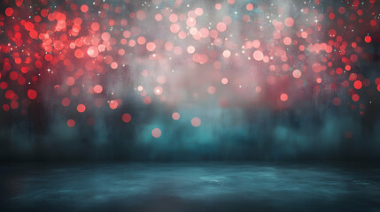 Wall Mural - floating particles enhancing vivid red and aquamarine bokeh indoors against a smooth charcoal-grey b