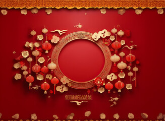 Canvas Print - Elegant circular frame adorned with red and gold lanterns, blossoms, and birds against a rich red backdrop.  A festive and ornate design perfect for celebratory occasions.