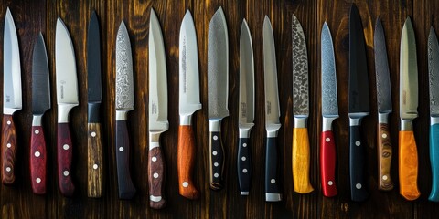 Poster - Row of knives on wooden table