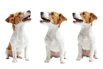 Three playful dogs sitting and looking up with cheerful expressions in a bright, well-lit setting