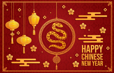 Wall Mural - Paper cut Chinese lunar new year banner with snake symbol. Vector Cny greeting card with golden reptile snake surrounded by traditional lanterns, plum blossoms and ornamental clouds on red background