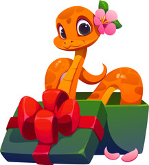 Wall Mural - Chinese Lunar New Year funny cartoon snake character adorned with a flower sitting in the gift box with a red bow, surprise for the 2025 celebration. Vector cheerful and friendly reptile zodiac snake