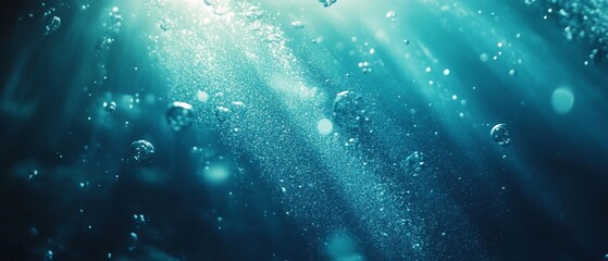 Wall Mural - Underwater background with water bubbles and undersea light rays shine