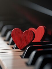 Red wooden hearts on a piano keyboard selective focus : Generative AI