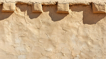 Wall Mural - textured adobe wall with natural grooves and cracks, showcasing earthy tones and rustic charm. surface reflects sunlight, enhancing its warm appearance