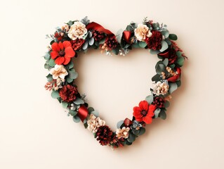 A heart-shaped floral wreath adorned with vibrant red and white flowers, set against a light background, perfect for decoration or celebration.