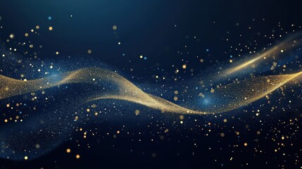 Wall Mural - abstract dark blue and gold particle background with christmas golden light bokeh, shining particles