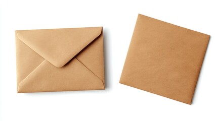 Flat lay of two blank kraft envelopes and a square postcard for greeting card mockups on a white background