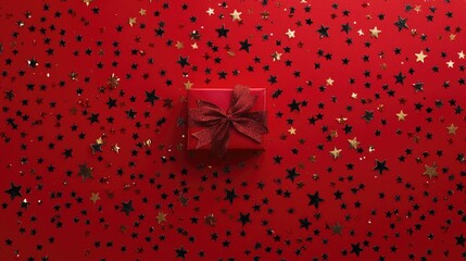 Wall Mural - Red gift box with bow surrounded by gold and black star-shaped confetti on a vibrant red background ideal for festive celebrations and promotions