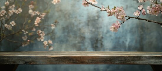 Wall Mural - Minimalist empty wooden table with artistic blurred floral backdrop perfect for elegant product photography and creative styling.