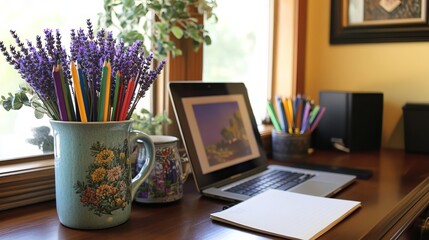 A functional office desk setup featuring a laptop, notebook, and coffee mug, enhanced by decorative accents such as a photo frame, lavender, and a pencil holder filled with colorful pencils. 