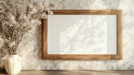 Wall Mural - Elegant wooden frame mockup with blank canvas on textured beige wall with dried flowers for interior decor inspiration