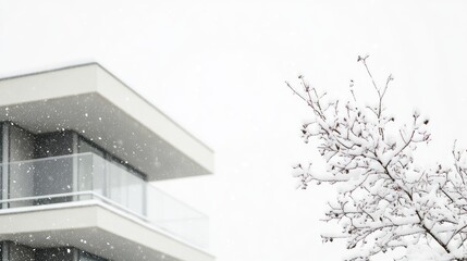 Wall Mural - minimalist winter scene with fresh snow on modern building and snow-laden branches in soft atmospher