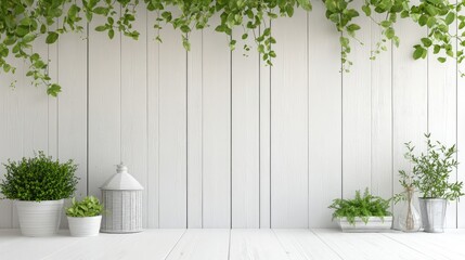 Wall Mural - Home Decor with Green Plants on White Wooden Wall Featuring Decorative Lanterns and Planters in a Bright and Airy Space