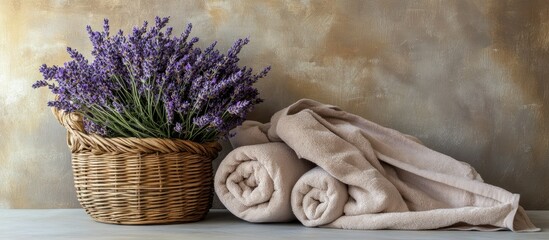 Wall Mural - Cozy spa decor featuring rolled towels folded cloth and lavender bouquet in a basket ideal for relaxation and natural home aesthetics