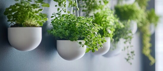 Wall Mural - Hanging white pots filled with vibrant green plants enriching a modern kitchen wall for enhanced interior design appeal