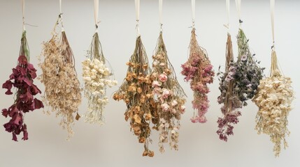 Poster - Dried flower bunches hanging in a minimalist setting showcasing natural beauty and texture in decorative arrangement for home decor inspiration