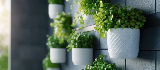 Wall Mural - Lush green plants in white pots hanging on a kitchen wall enhancing modern home interior aesthetics and natural decor elements