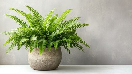 Wall Mural - Lush green fern leaves in a decorative pot against a minimalist grey wall for a refreshing home decor background.