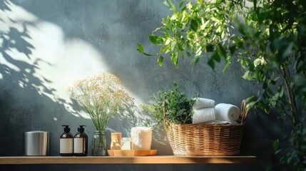 Wall Mural - Botanical bathroom decor with plants spa items and natural lighting for a calming and serene home environment aesthetic