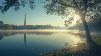 Canvas Print - Serene morning scene featuring a monument reflected in a tranquil lake surrounded by mist and lush trees under soft sunlight