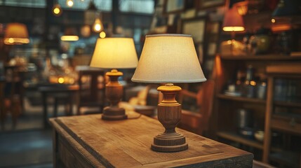 Sticker - Vintage Table Lamps on Rustic Wooden Table in Cozy Living Museum Setting