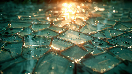 Wall Mural - Broken Glass Shards on Floor in Modern Office Building, Close-up View