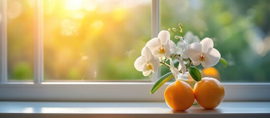 Sticker - Elegant white orchid in sunlight on a windowsill with oranges symbolizing freshness and tranquility in a serene home environment