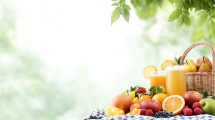 Wall Mural - Fresh fruits and juices arranged on a table with greenery backdrop.