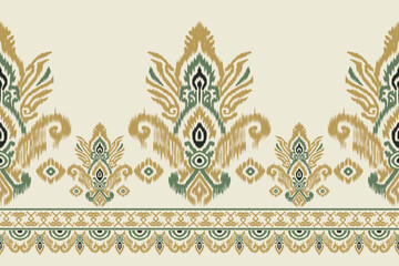 Wall Mural - Ikat floral embroidery on beige background. Traditional geometric oriental ethnic design. Aztec style abstract vector illustration for fabric, clothing, wrapping and decoration.