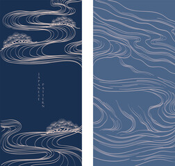 Wall Mural - japanese background with line ocean sea and bonsai tree pattern vector. abstract template with geome