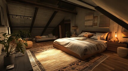 Wall Mural - Modern bedroom with loft-style aesthetics, 3D rendering. Industrial accents with cozy textiles and natural lighting. A perfect blend of urban and relaxing interior elements.