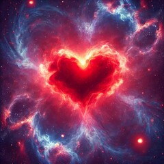 glowing red heart-shaped nebula in outer space with swirling purple and blue gases, symbolizing love