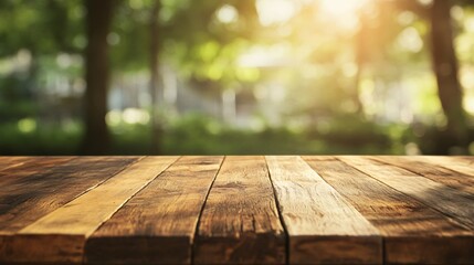 A wooden table with a view of trees and a bright sunny day