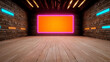 © Athiphat - vibrant sci fi arena featuring glowing neon lights and large orange screen. wooden floor and textured walls create dynamic atmosphere perfect for combatants
