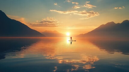 Wall Mural - Paddleboarder gliding across a tranquil lake during sunset