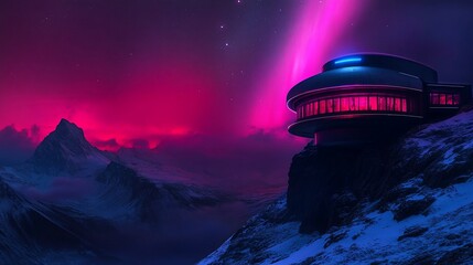 Poster - Futuristic mountaintop home with aurora borealis.