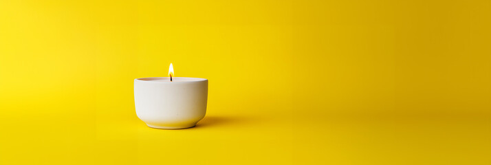 Serene candle flickers gently against a vibrant yellow backdrop, creating a warm and inviting atmosphere for relaxation and reflection