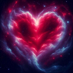 glowing red heart-shaped nebula in outer space with swirling purple and blue gases, symbolizing love
