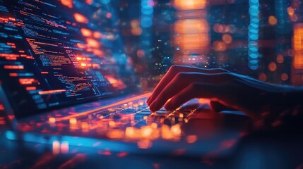 Programmer coding on a laptop with data center visuals in the background