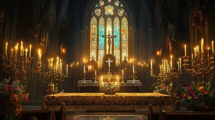 Wall Mural - A church altar with golden candelabras a silver crucifix and soft light filtering through a colorful stained glass window creating a warm ambiance